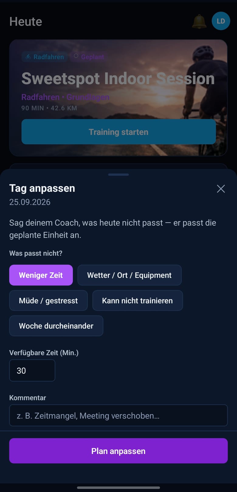 Dialog „Tag anpassen“ mit den Gründen weniger Zeit, Wetter, Müdigkeit oder durcheinandergeratene Woche
