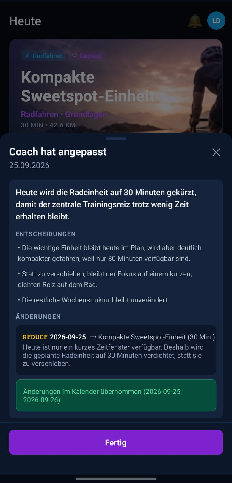 Ergebnis der Anpassung: Radeinheit auf 30 Minuten gekürzt, mit Begründung und übernommenen Kalenderänderungen