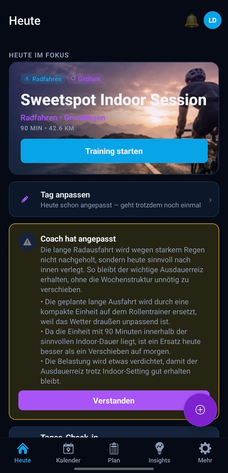 Startseite nach der Anpassung: der Coach erklärt, warum die lange Ausfahrt wegen Regen zur Indoor-Einheit wurde