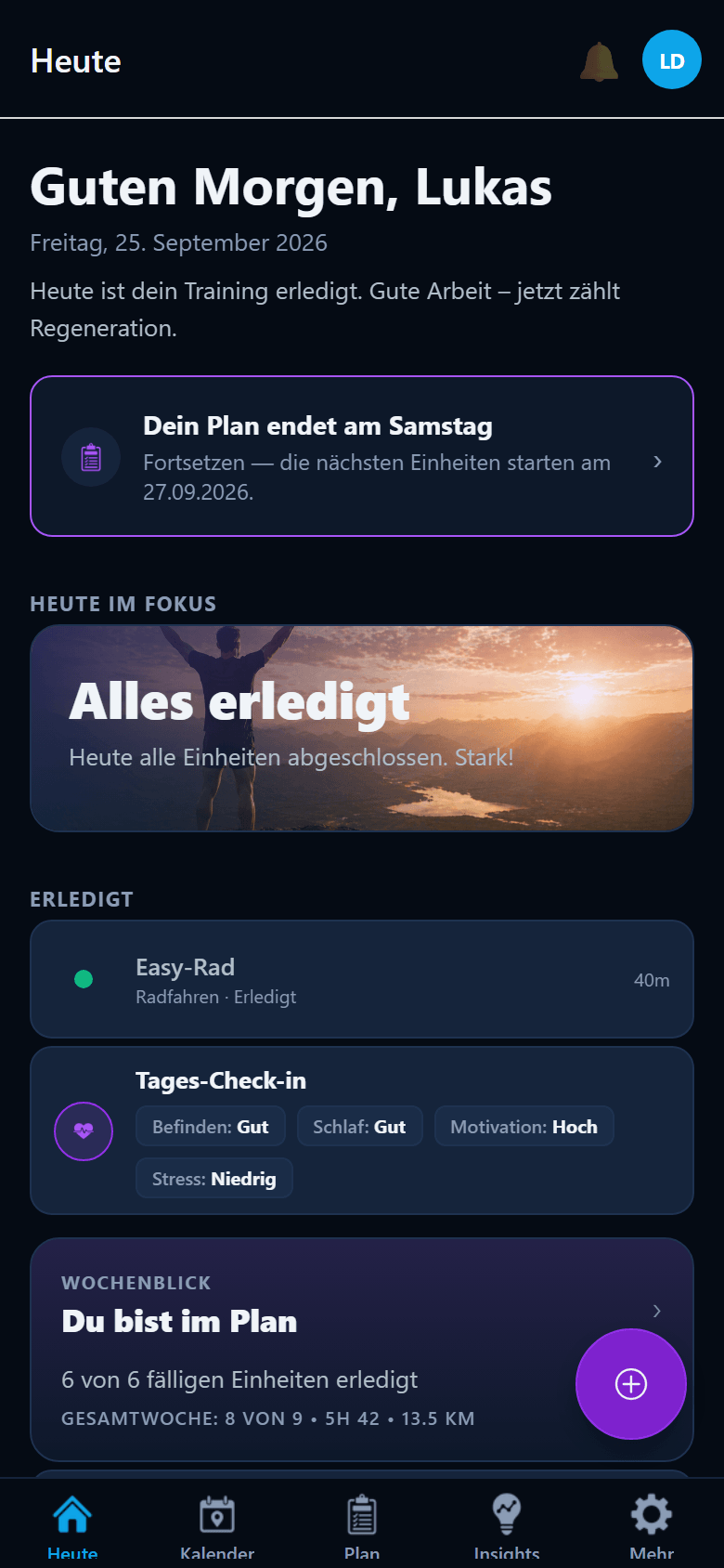 Trainyx Startseite mit dem Hinweis, dass der Plan am Samstag endet und fortgesetzt werden kann