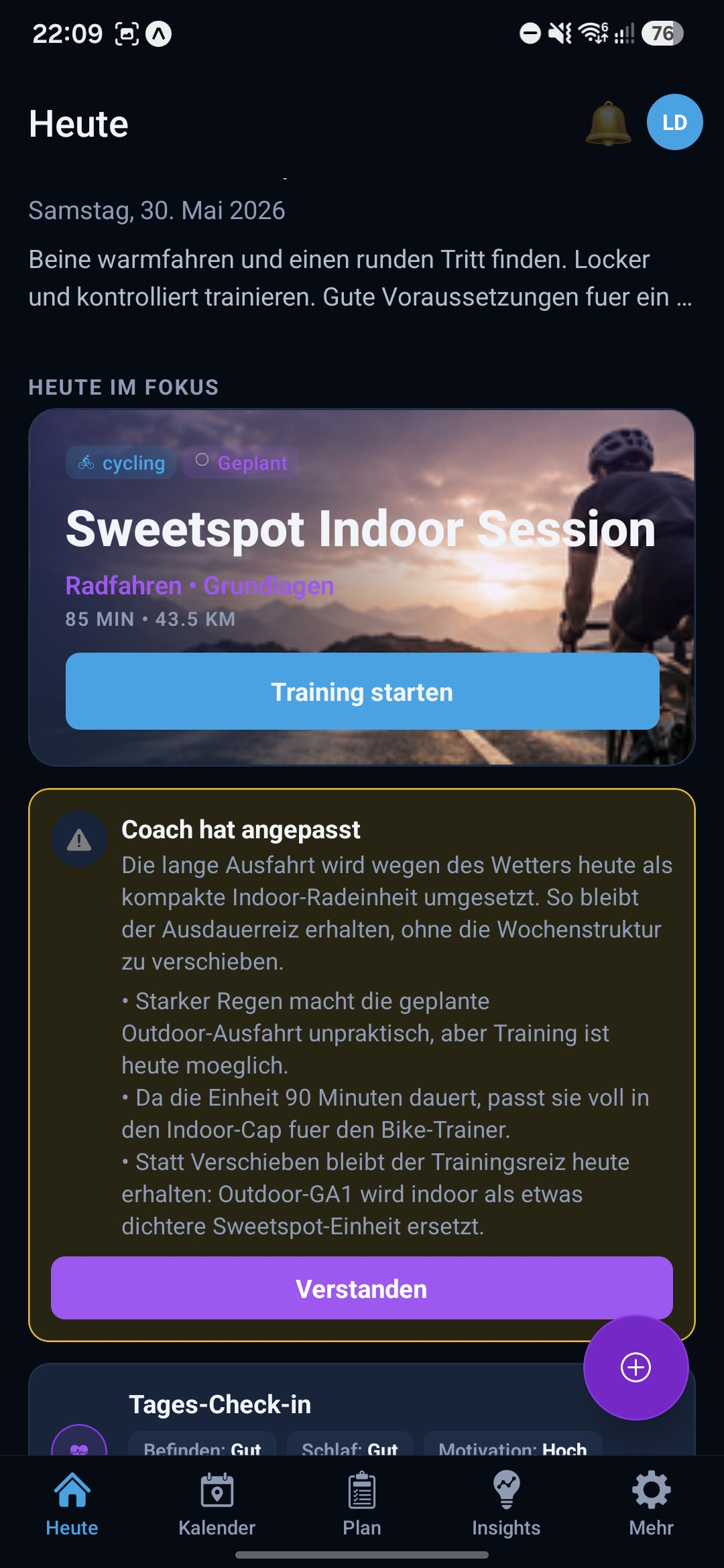 Home-Screen mit Coach-Anpassung an Regen