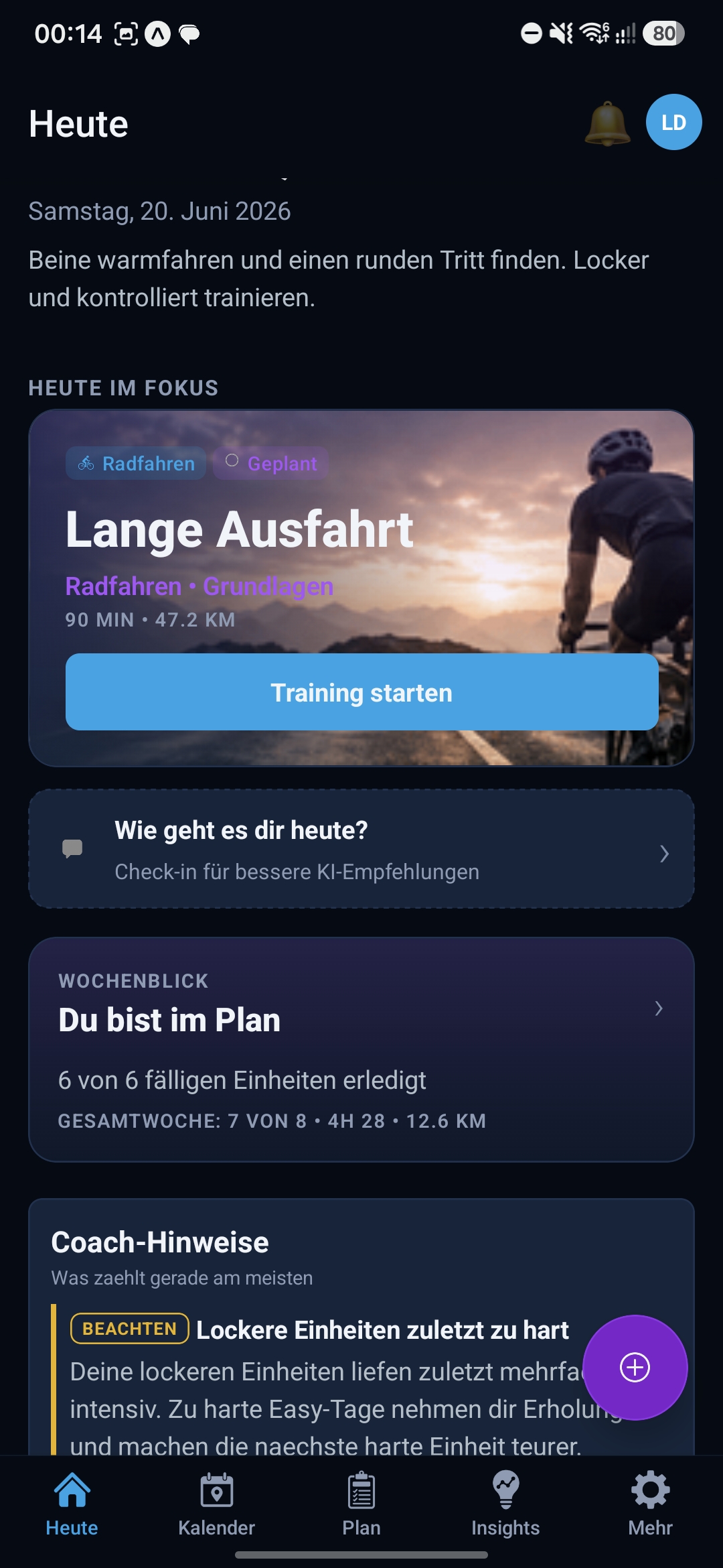 Trainyx Home mit Tagesfokus und Coach-Hinweisen