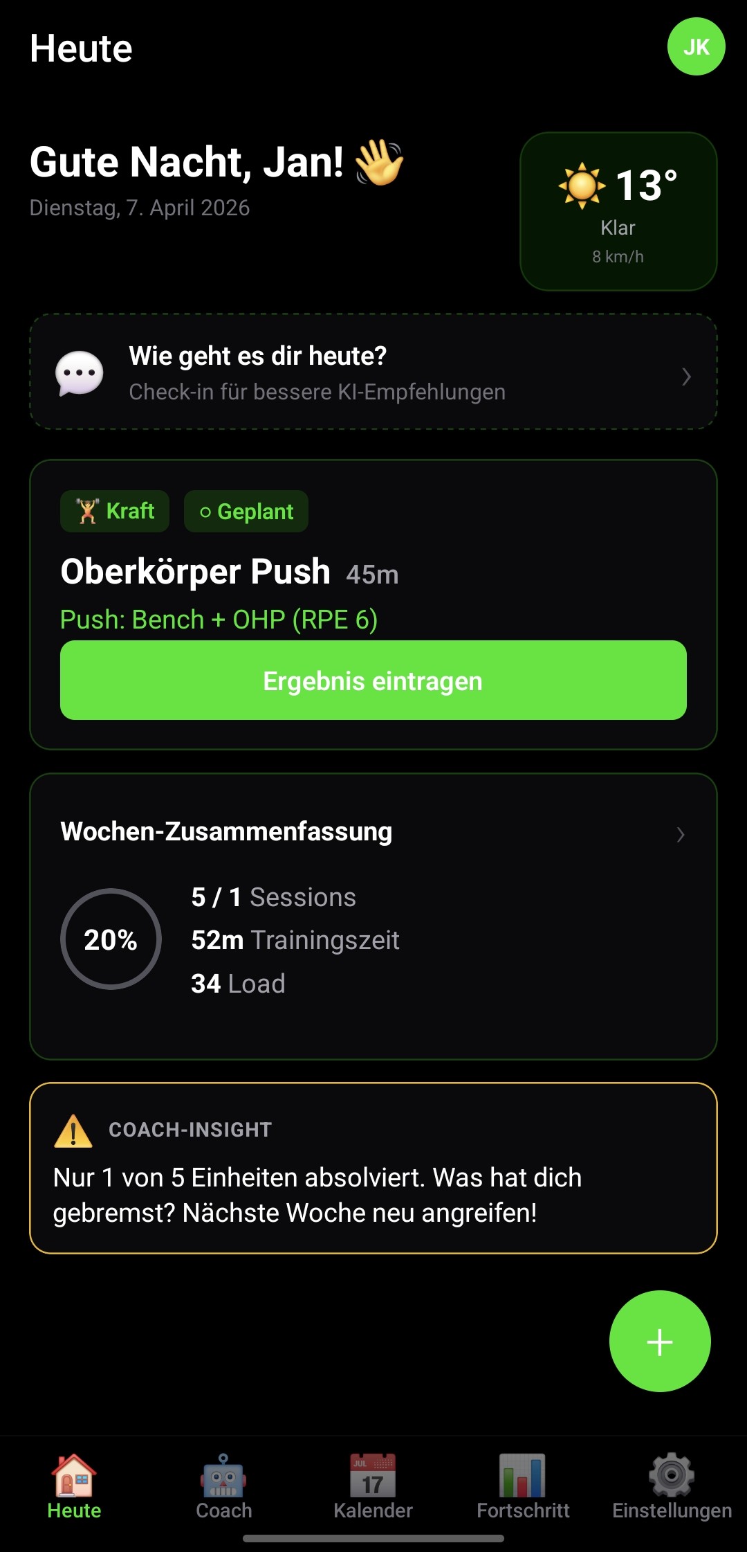MarkusFit App Home Screen