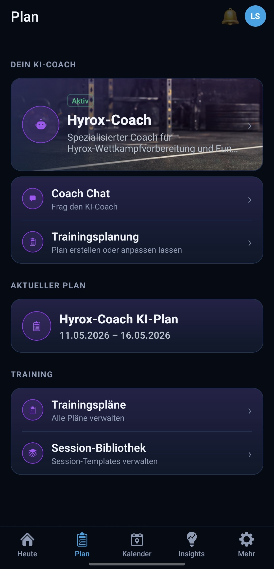 Plan-Übersicht mit Coach, Plänen und Session-Bibliothek