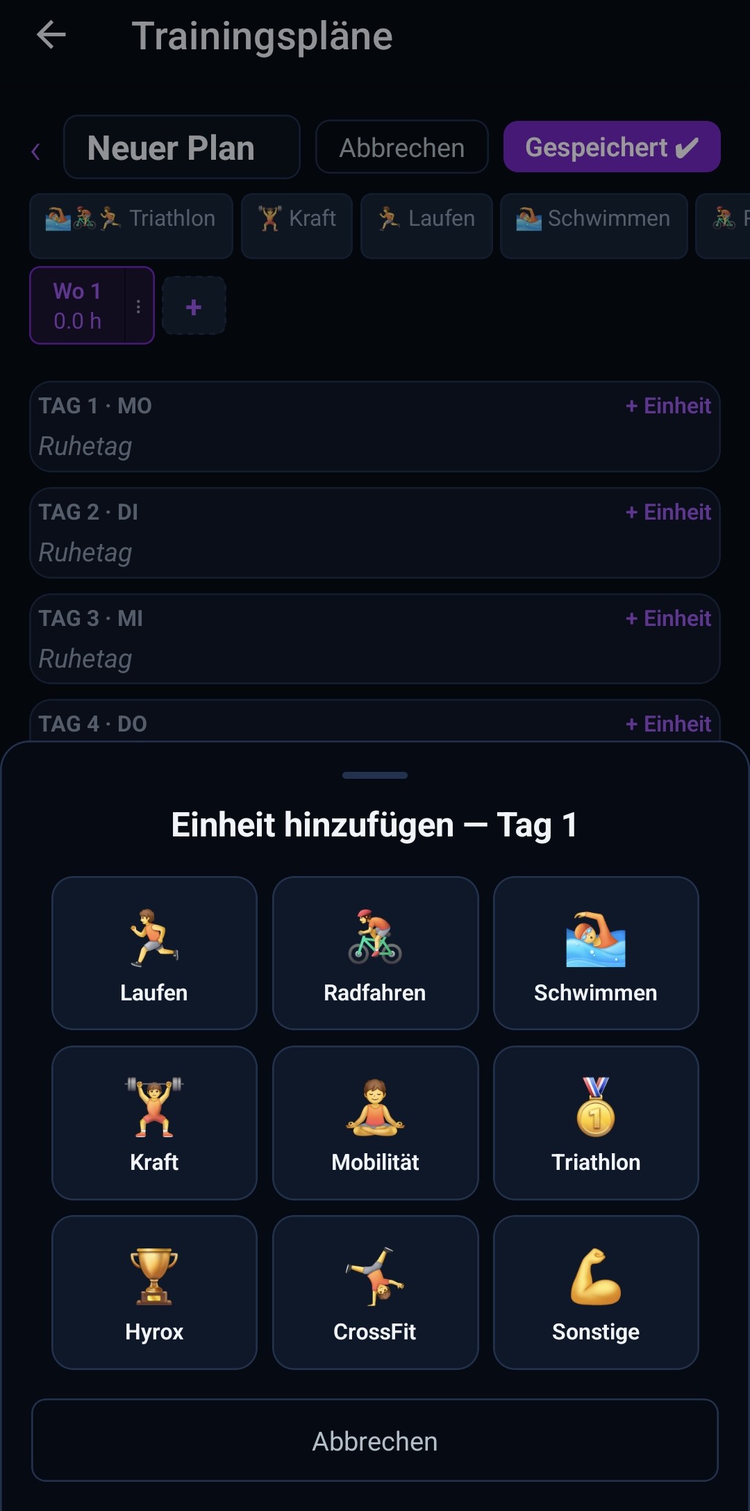 Session zu Trainingsplan hinzufügen