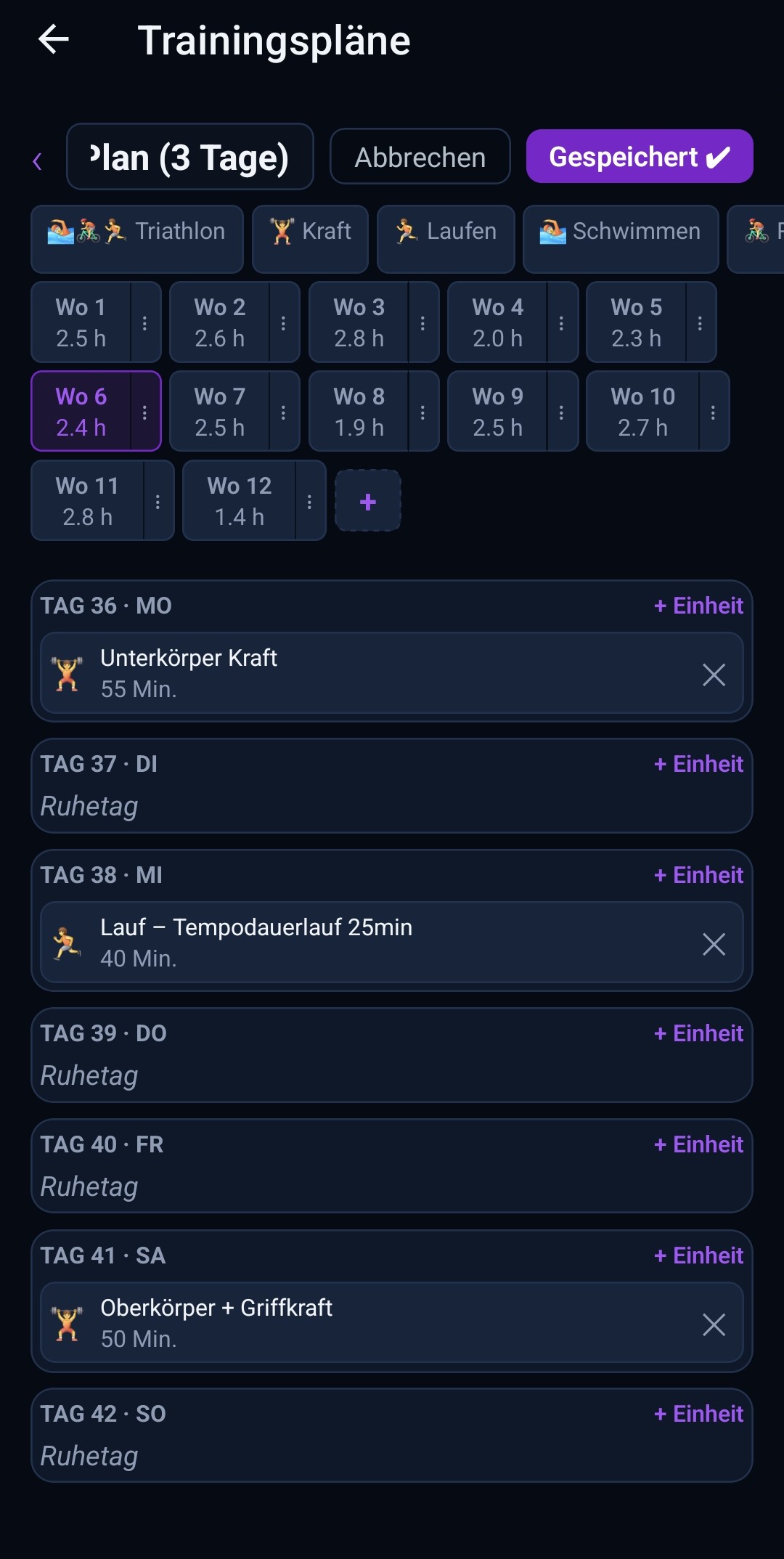 Trainingsplan-Editor mit Drag-Reorder