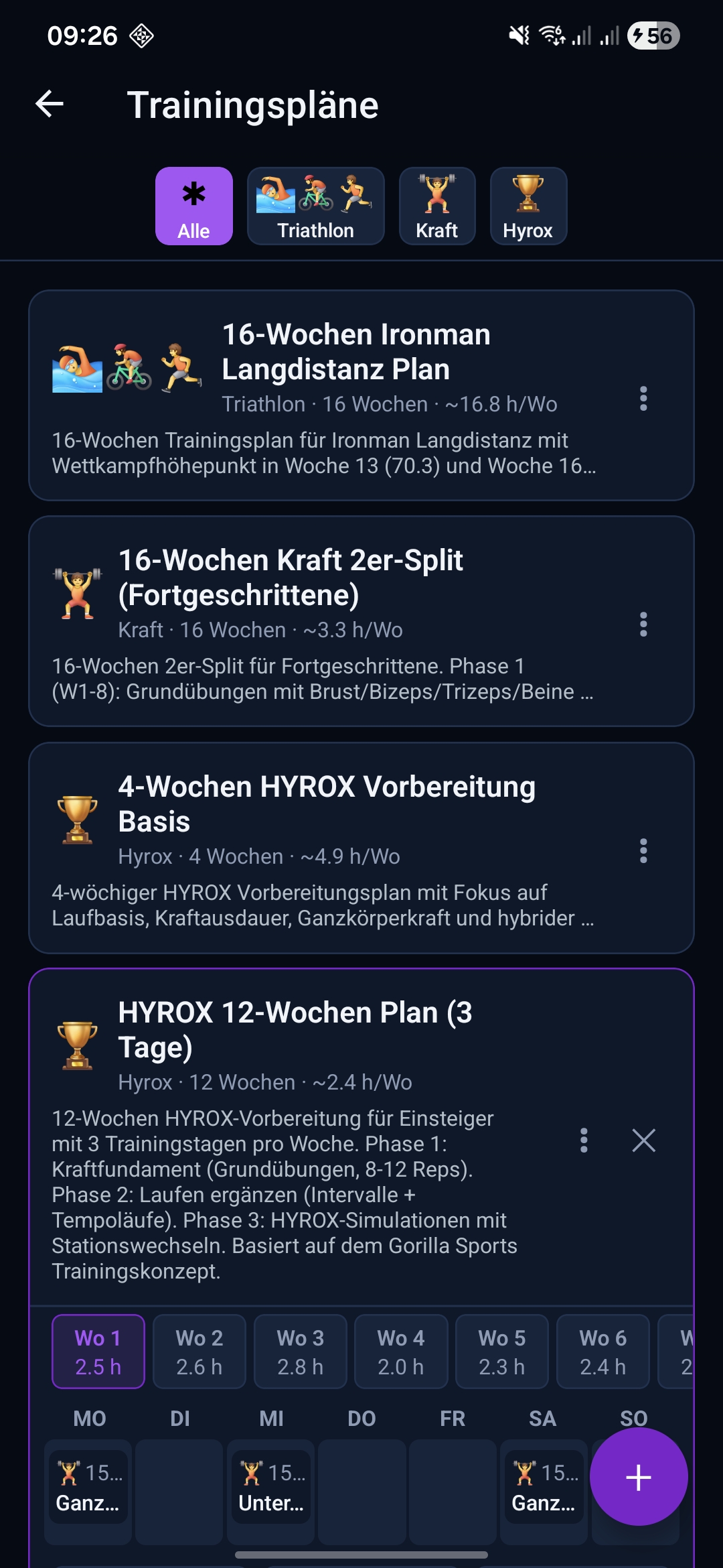 Trainingsplan-Übersicht mit Wochen und Sessions