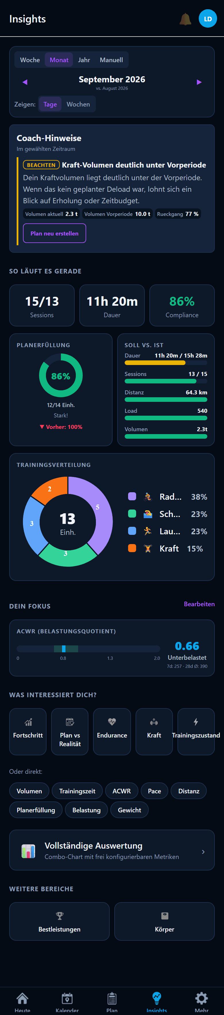 Insights-Uebersicht mit Snapshot, Fokus und Einstiegen