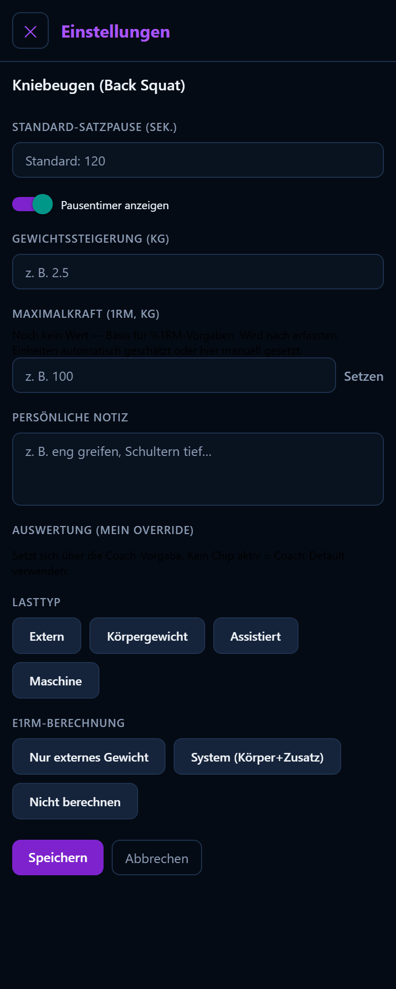 Persoenliche Einstellungen einer Uebung