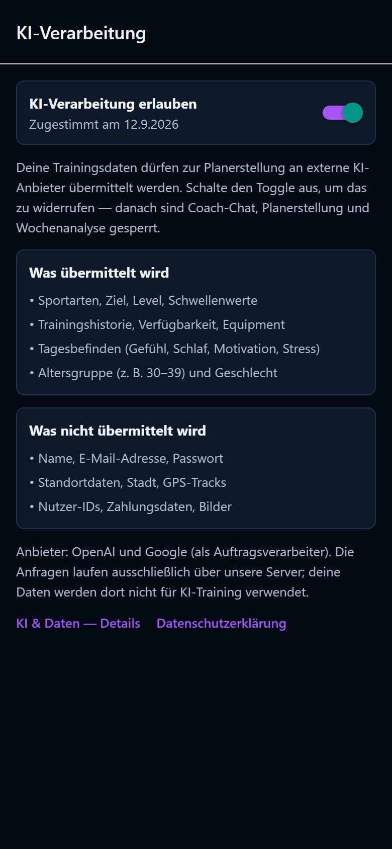 Bildschirm KI-Verarbeitung mit Zustimmungsschalter