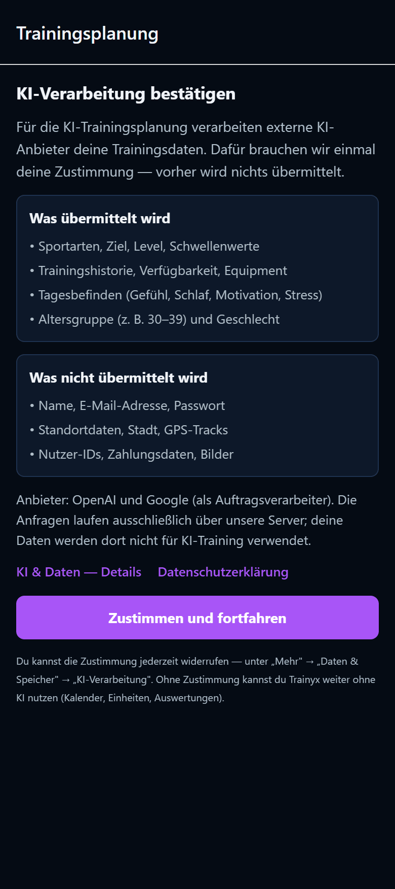 Zustimmungsseite vor der ersten KI-Nutzung