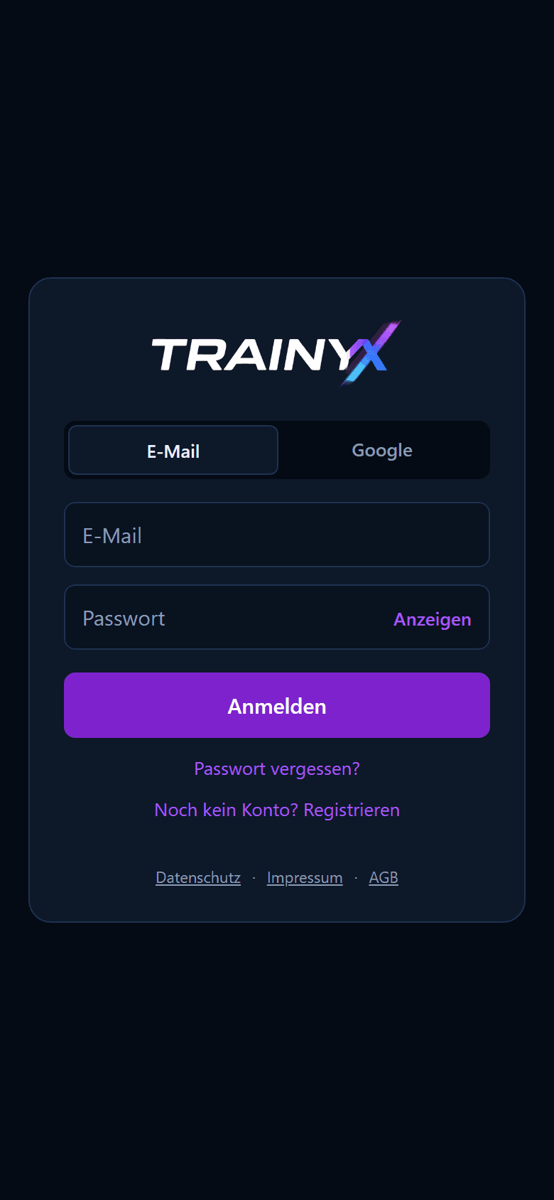 Anmeldebildschirm mit E-Mail- und Google-Anmeldung