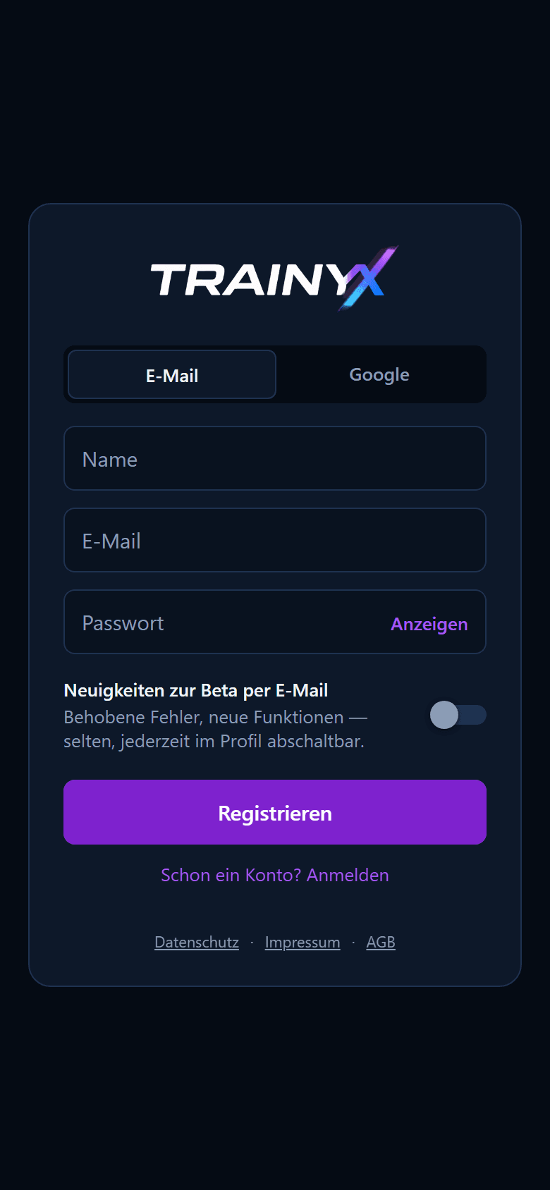 Registrierung mit Namensfeld und Newsletter-Auswahl