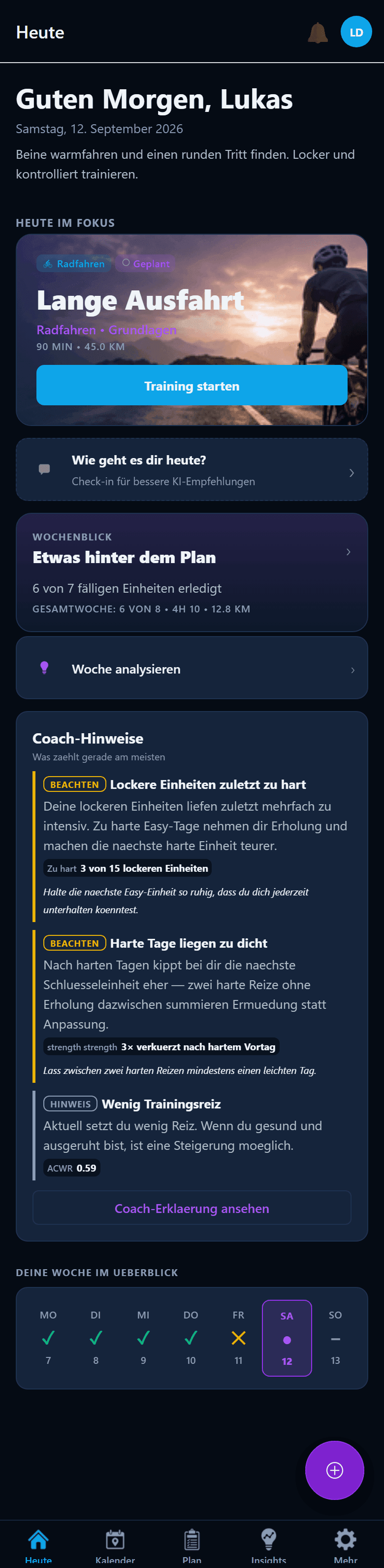 Heute-Tab mit Wochenblick und Zusammenfassung