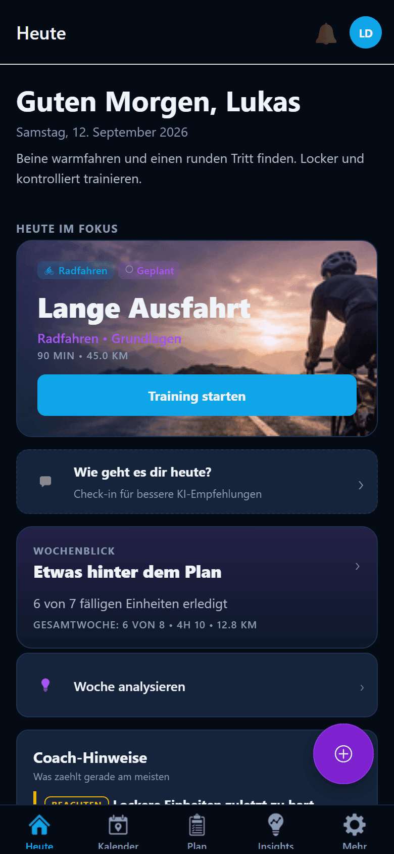 Heute-Tab mit Tagesfokus