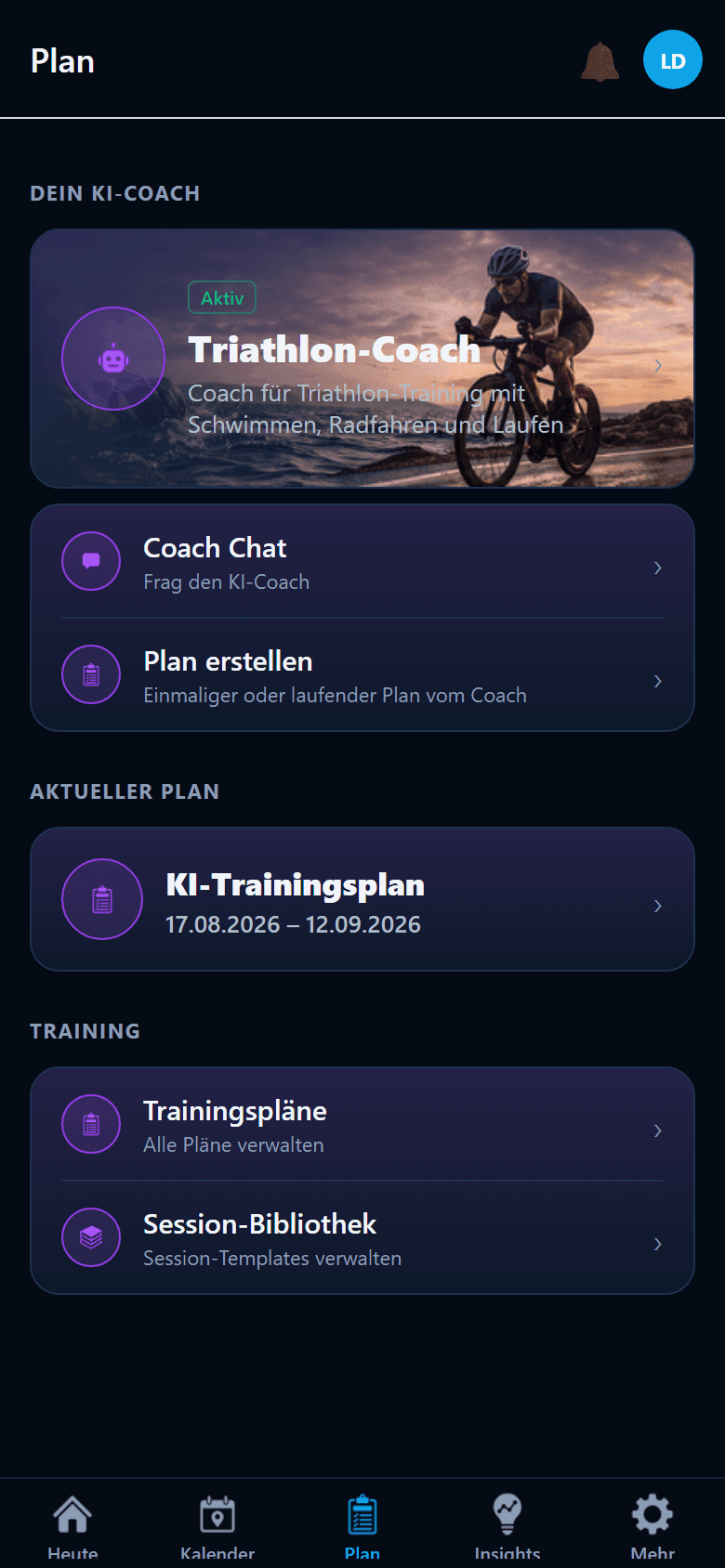 Plan-Tab mit Coach-Karte und aktuellem Plan
