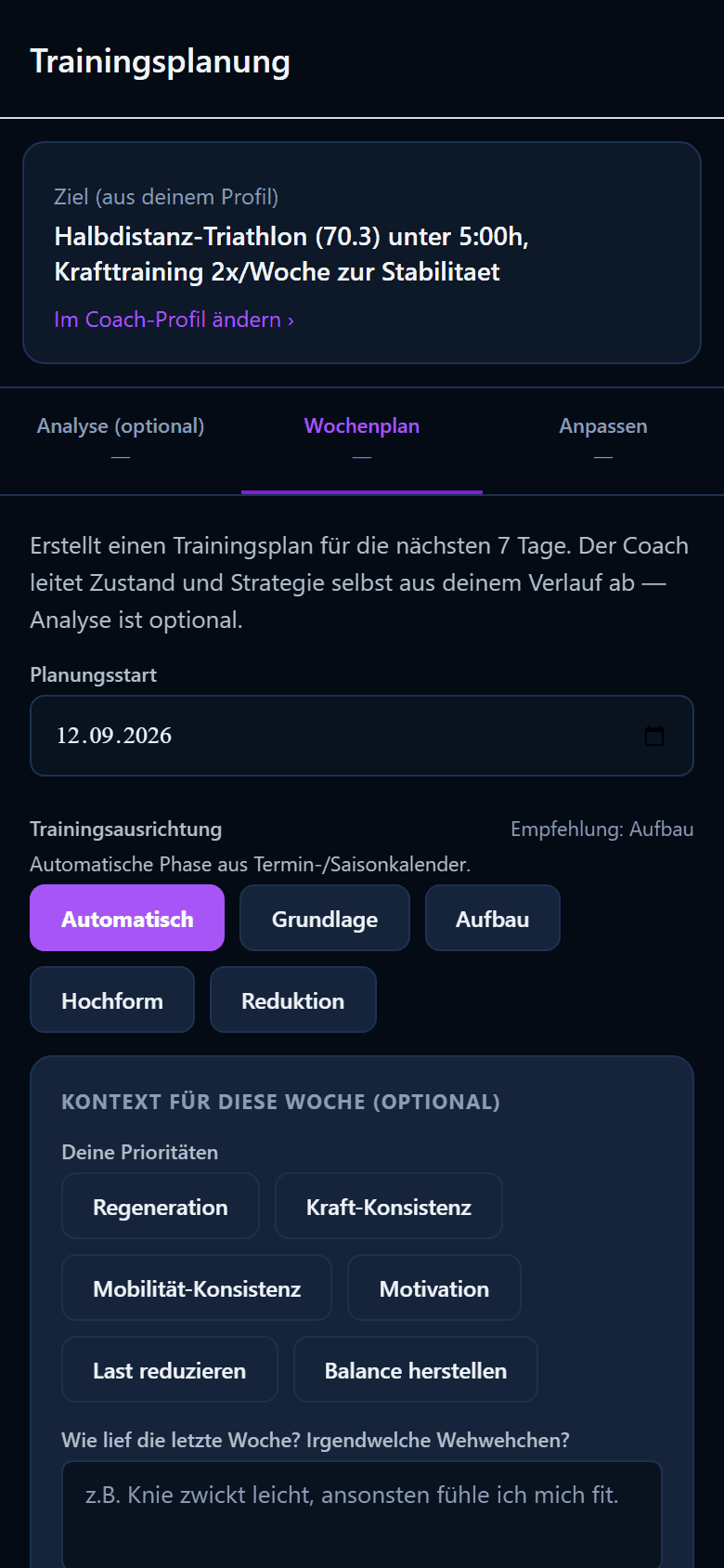 Trainingsplanung mit Wochenfokus und Begruendung