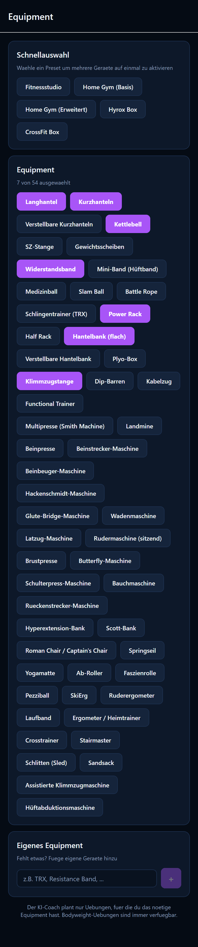 Equipment-Auswahl
