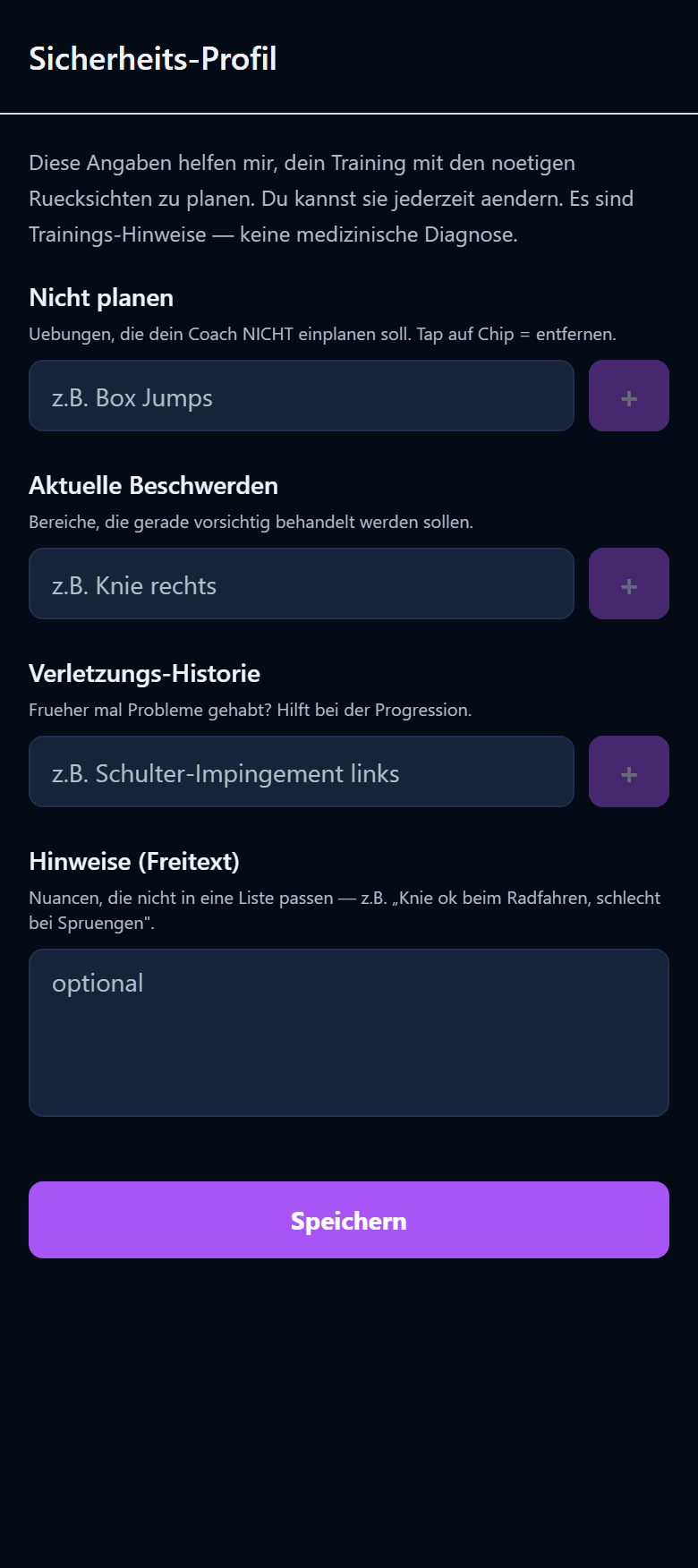 Sicherheits-Profil mit Beschwerden und Ausschluessen