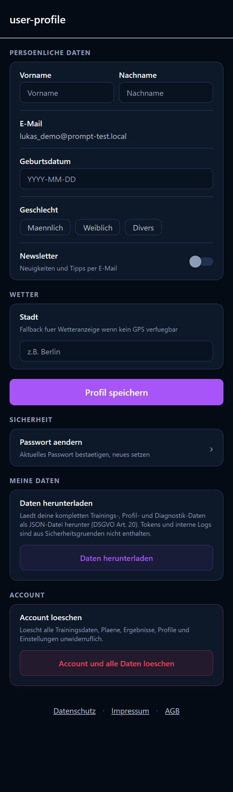 Persoenliche Daten mit Passwort, Datenexport und Kontoloeschung
